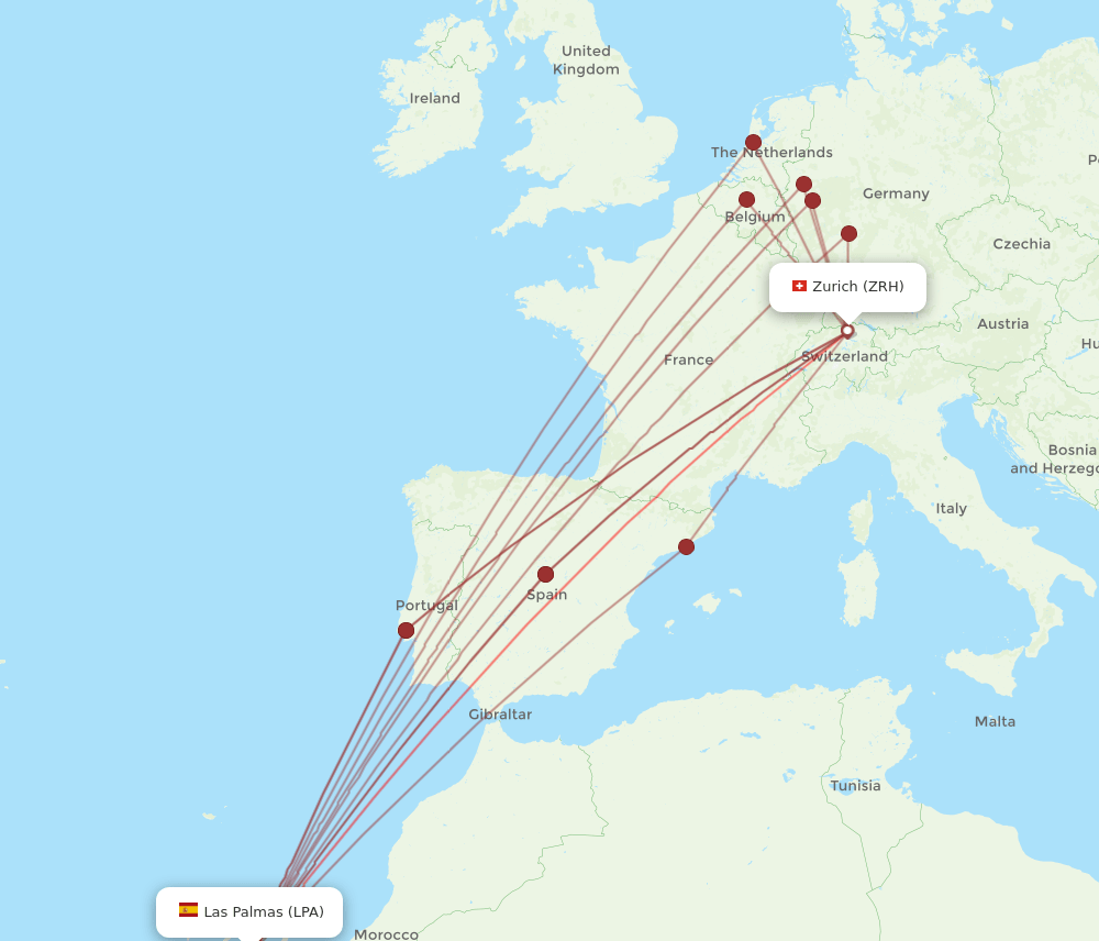 LPA to ZRH flights and routes map