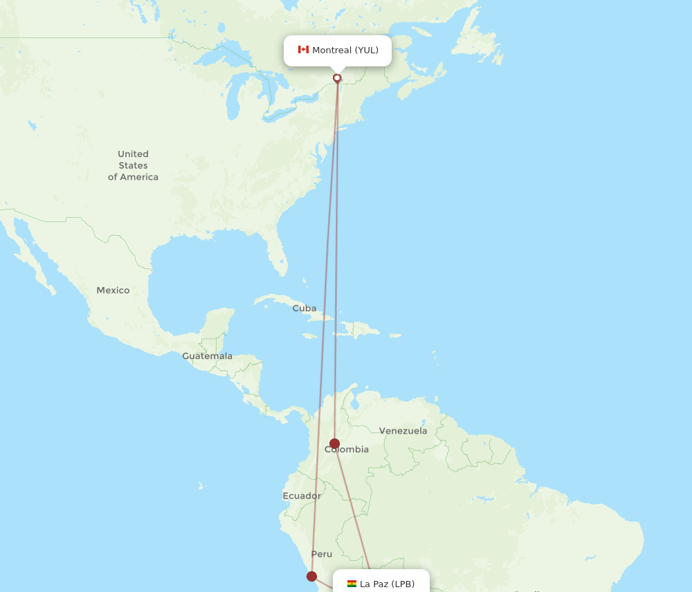 Montreal - La Paz route map and flight paths