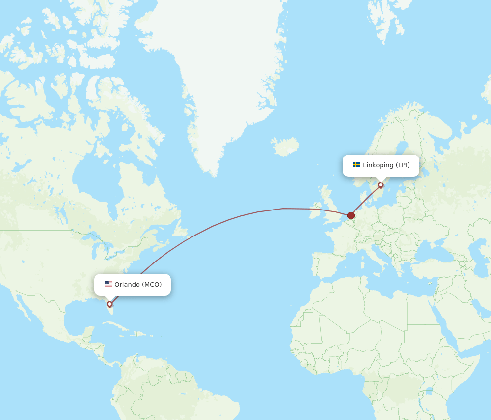Orlando - Linkoping route map and flight paths