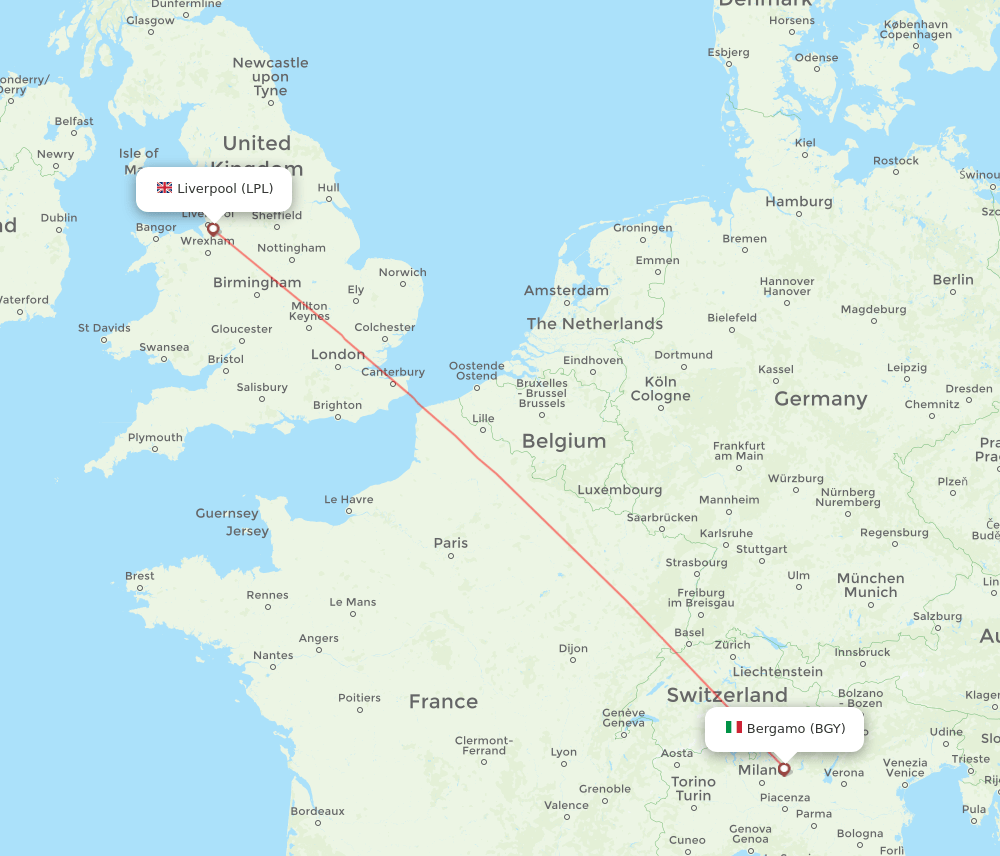 Liverpool - Milan route map and flight paths