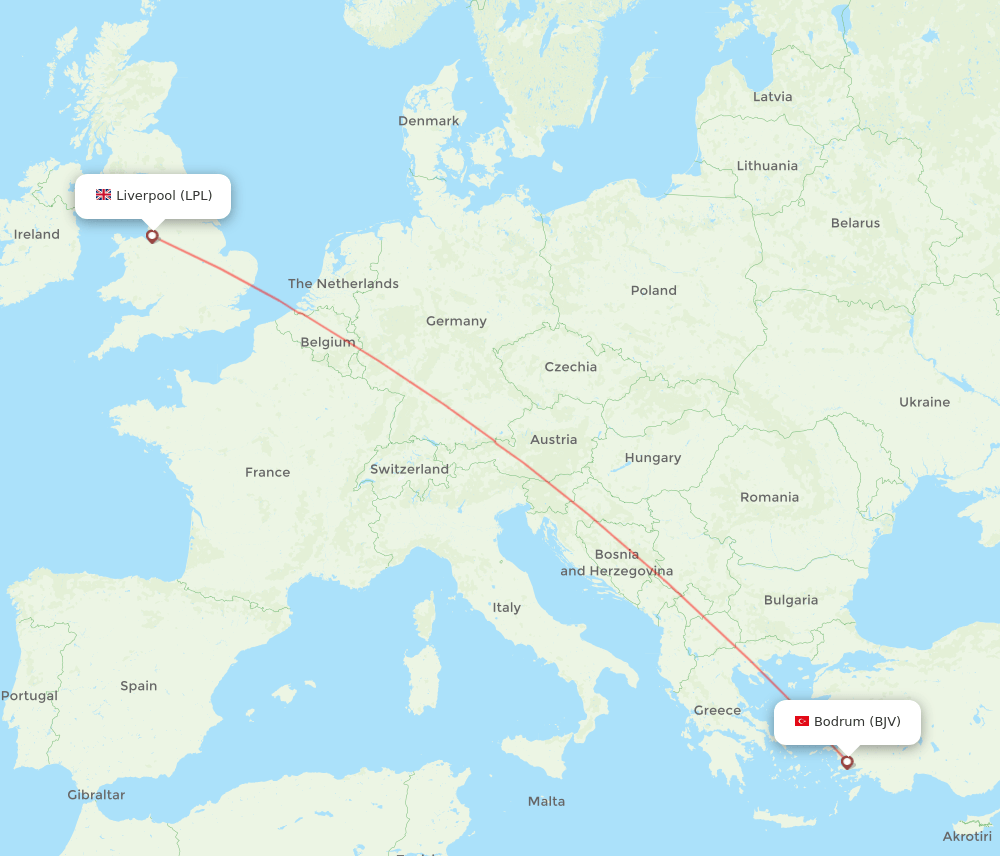 Liverpool - Bodrum route map and flight paths