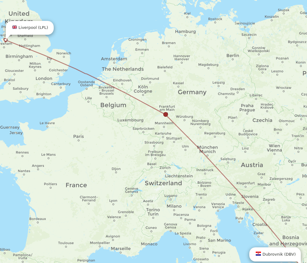 Dubrovnik - Liverpool route map and flight paths