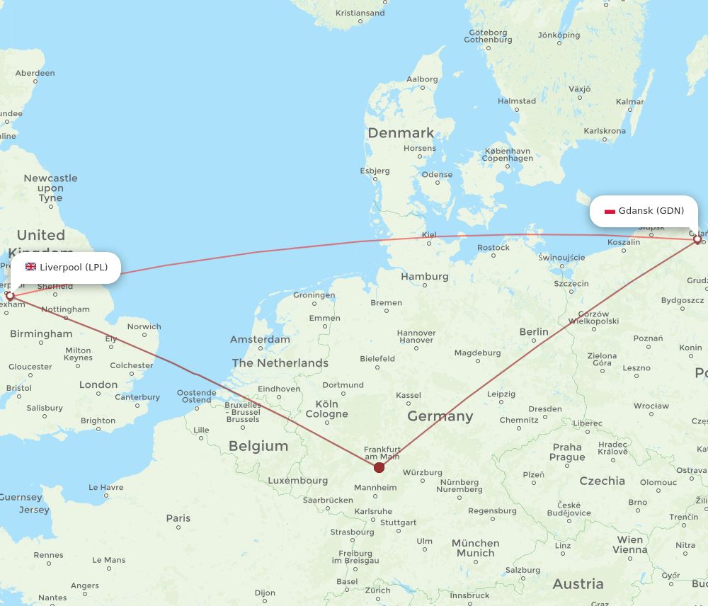 Liverpool - Gdansk route map and flight paths