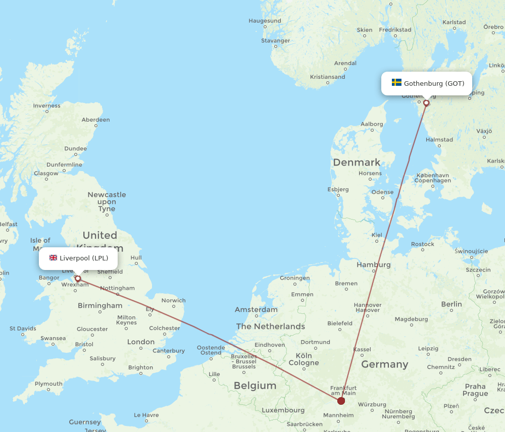 Liverpool - Gothenburg route map and flight paths