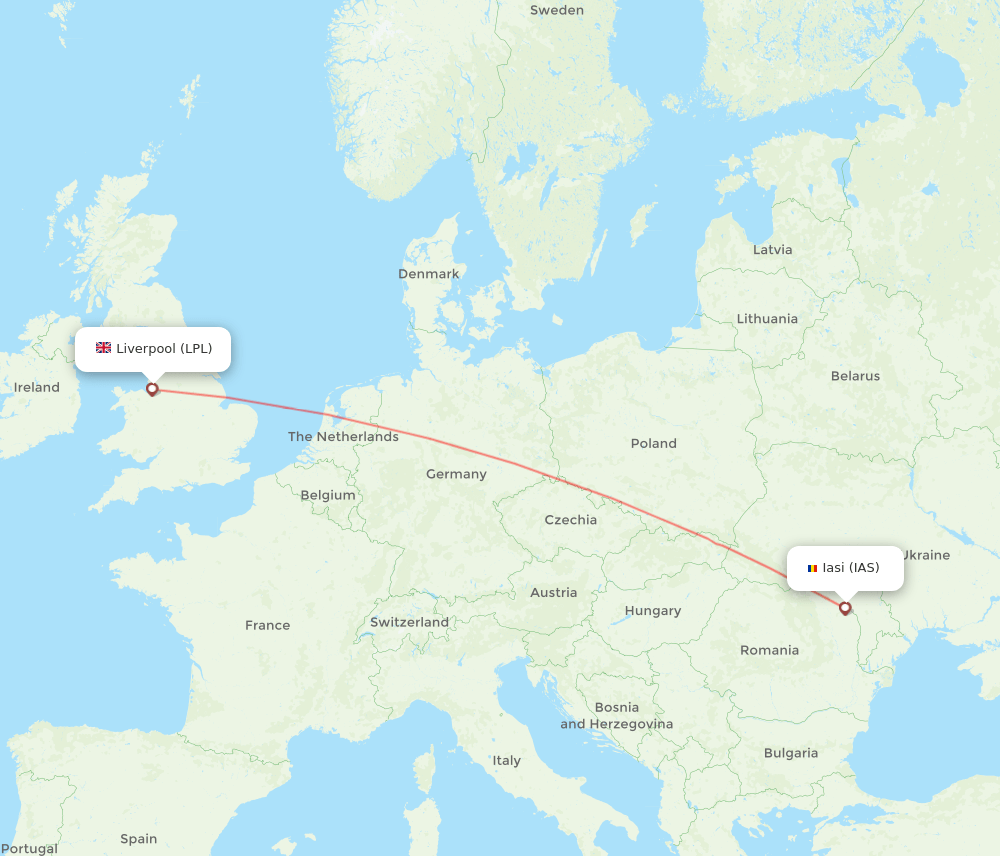 Liverpool - Iasi route map and flight paths
