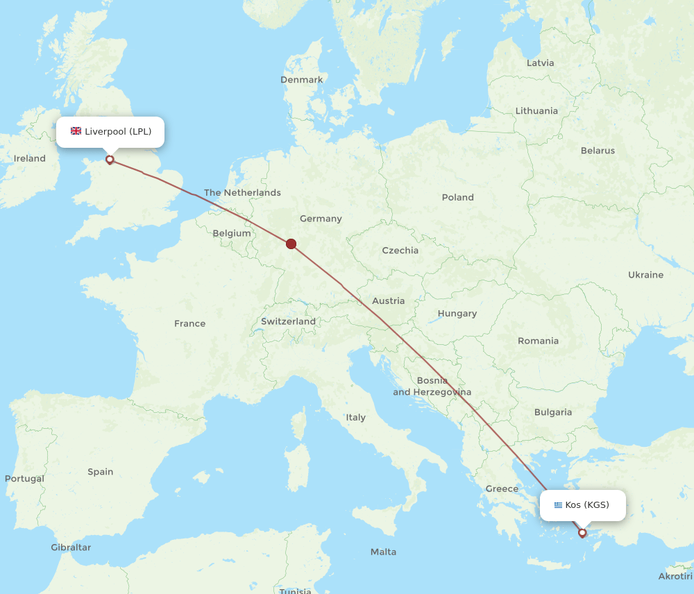 Liverpool - Kos route map and flight paths