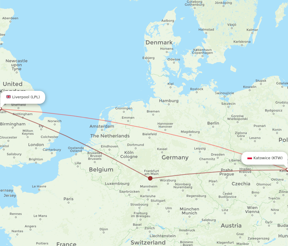 Liverpool - Katowice route map and flight paths