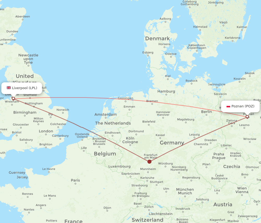 Liverpool - Poznan route map and flight paths