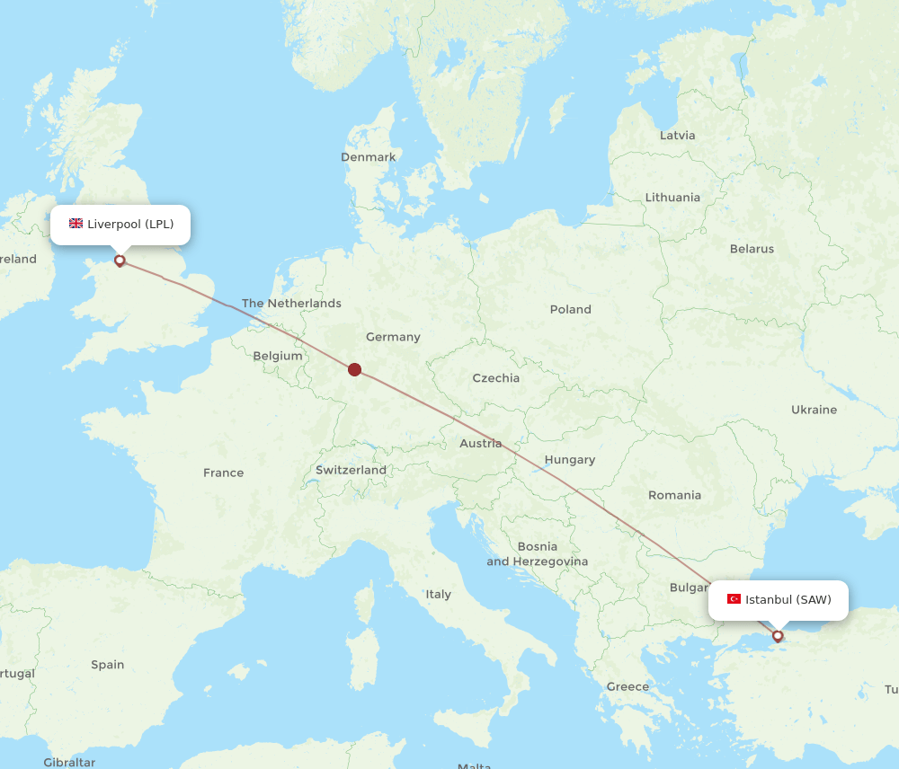 Liverpool - Istanbul route map and flight paths