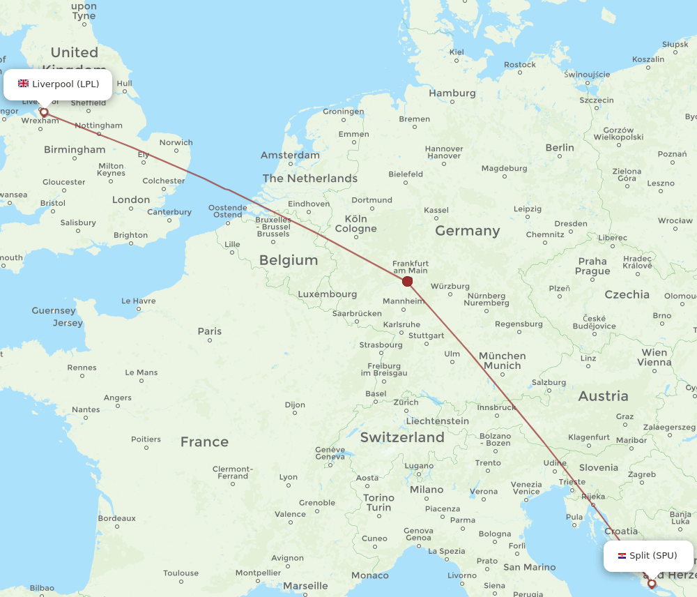 Split - Liverpool route map and flight paths