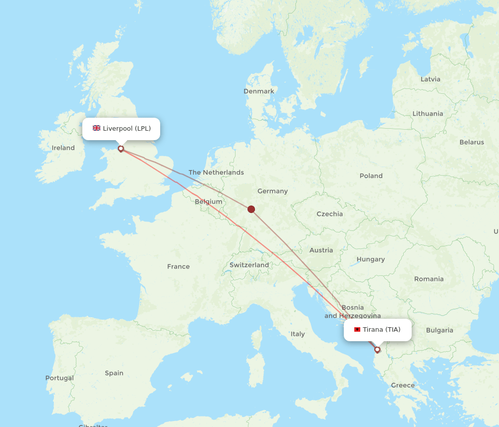 Liverpool - Tirana route map and flight paths