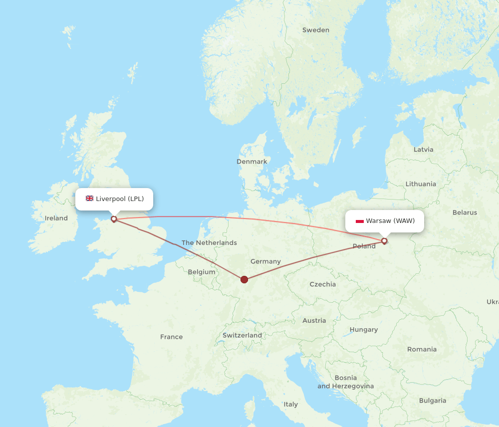 Liverpool - Warsaw route map and flight paths