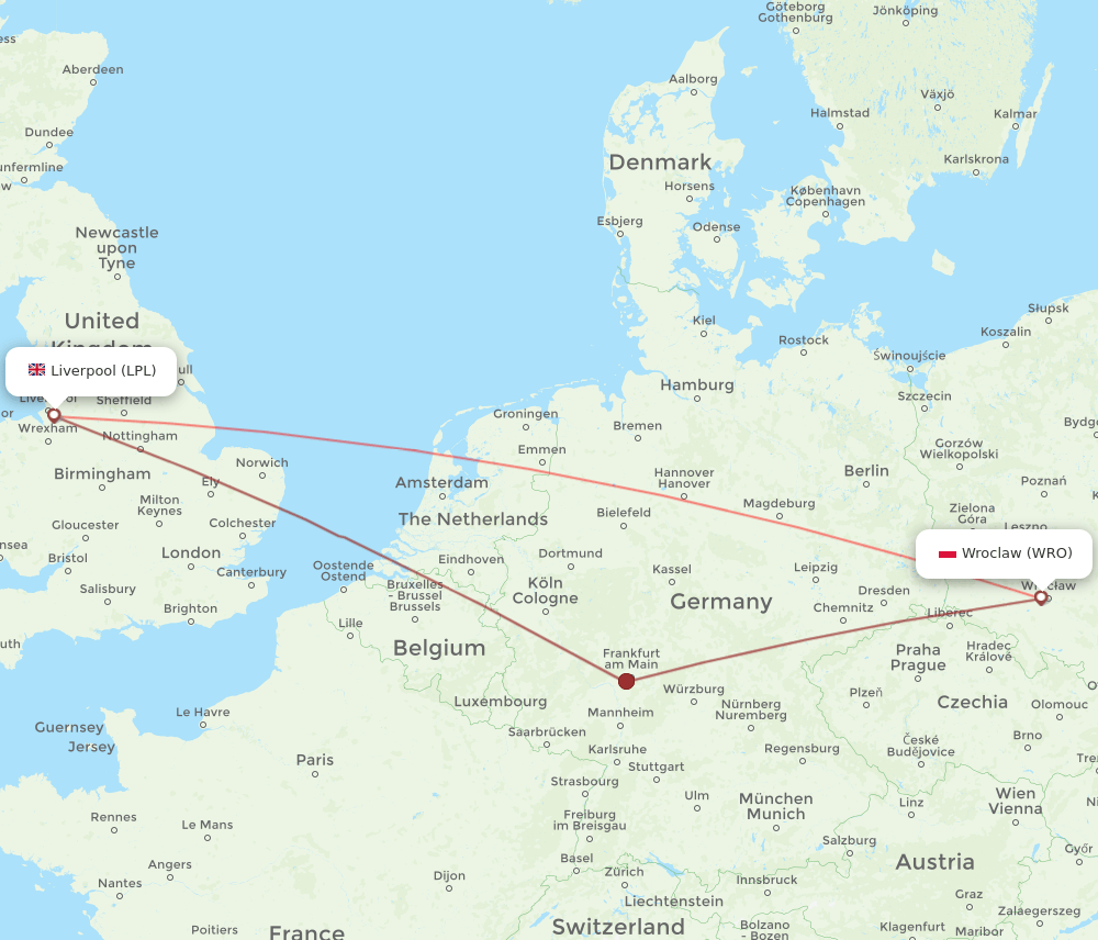 Liverpool - Wroclaw route map and flight paths