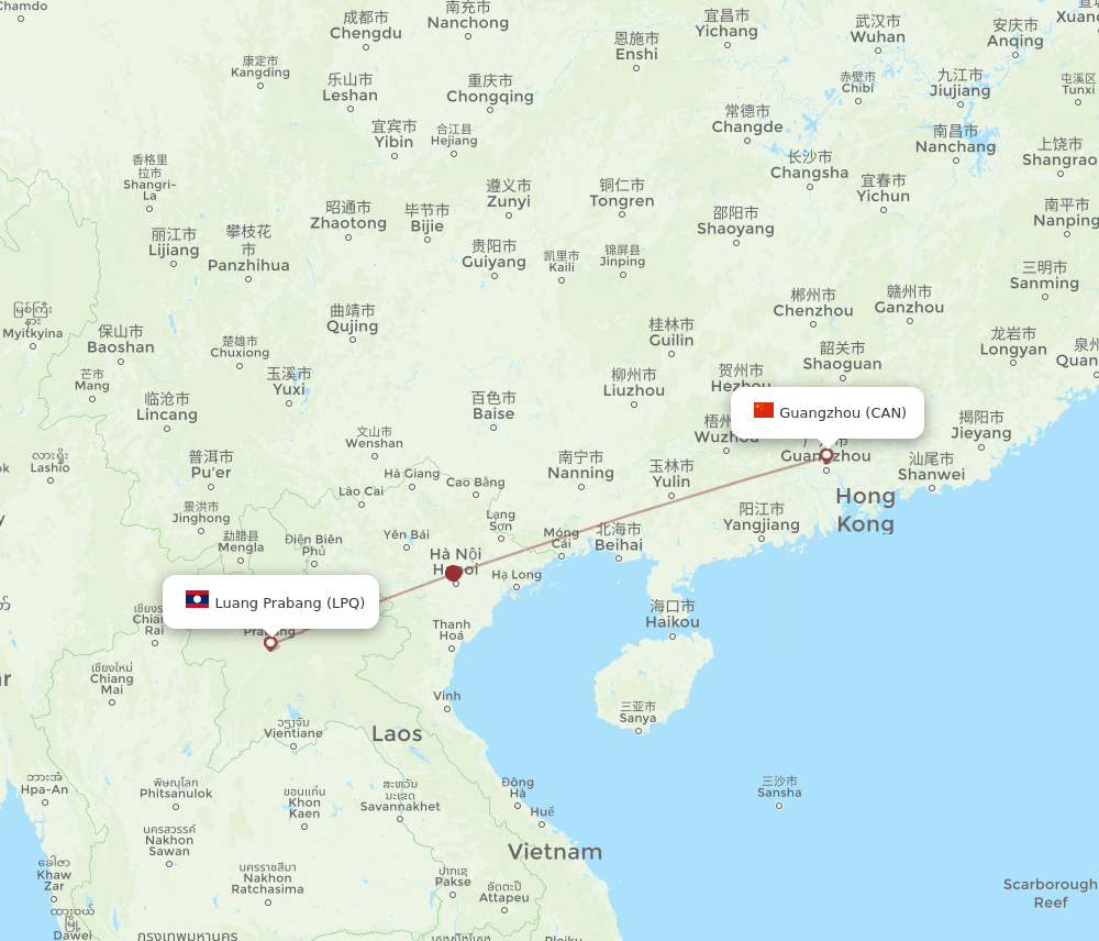 Guangzhou - Luang Prabang route map and flight paths