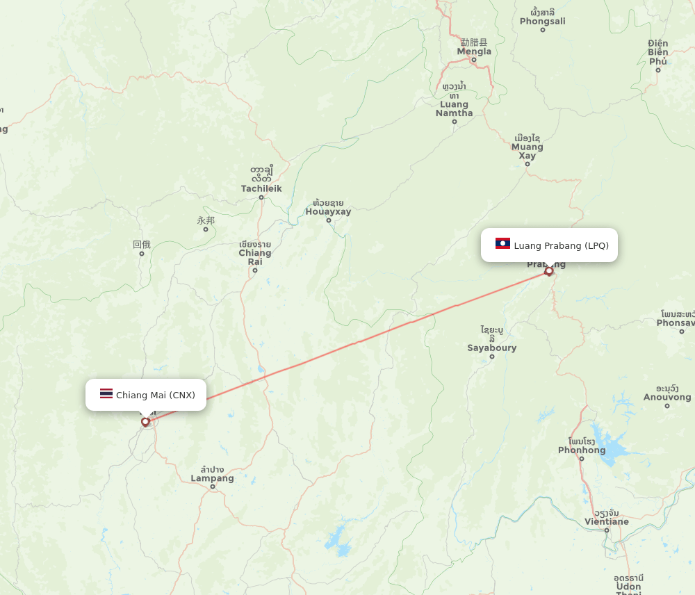 Luang Prabang - Chiang Mai route map and flight paths