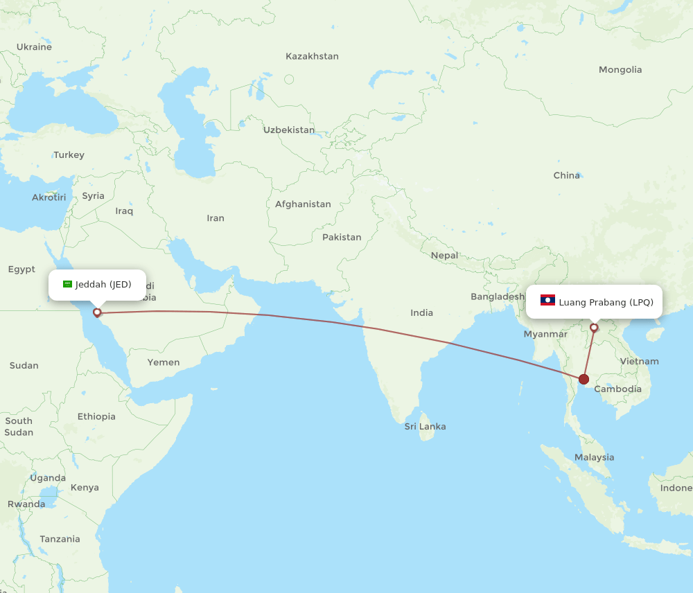 Jeddah - Luang Prabang route map and flight paths