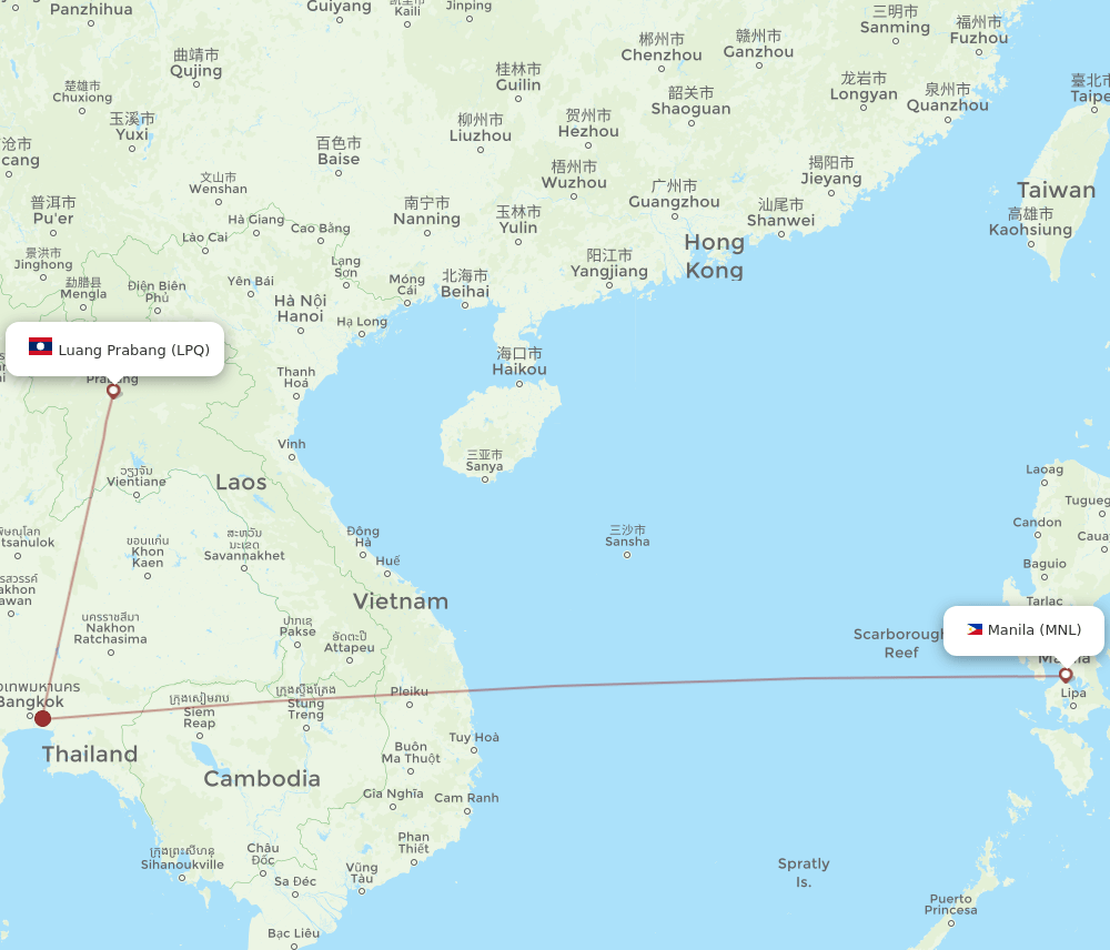 Manila - Luang Prabang route map and flight paths