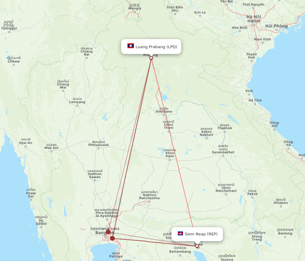 Luang Prabang - Siem Reap route map and flight paths