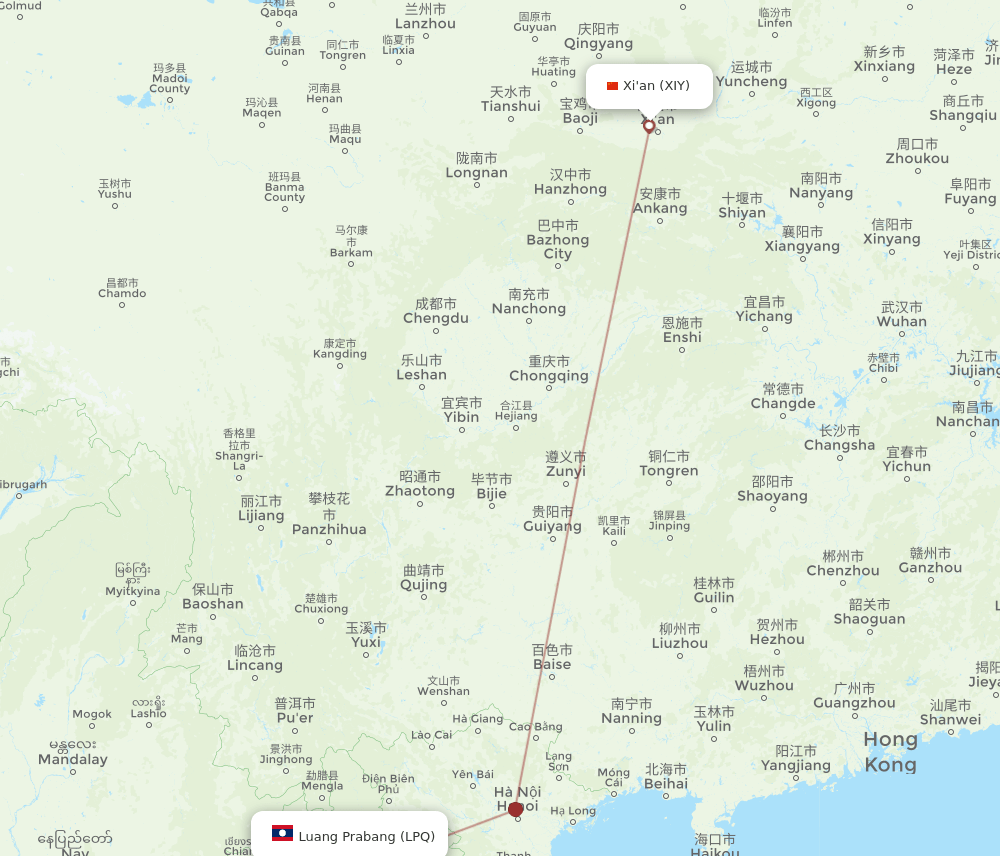 Xian - Luang Prabang route map and flight paths