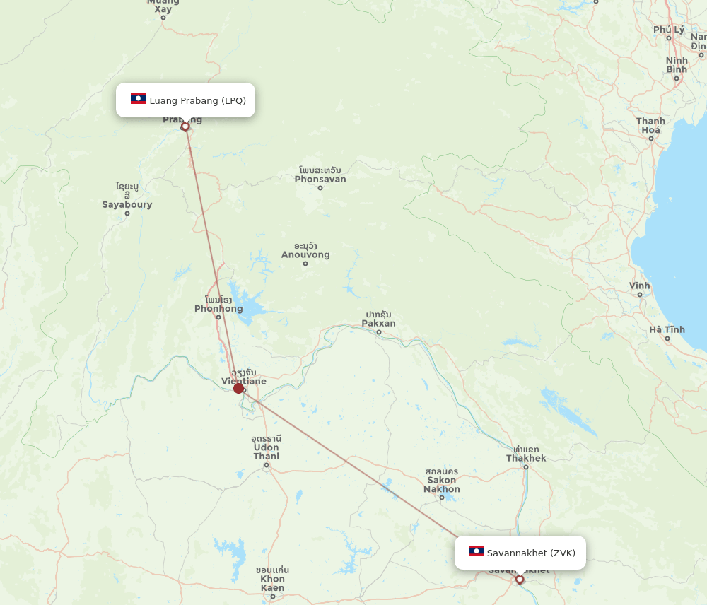 Savannakhet - Luang Prabang route map and flight paths