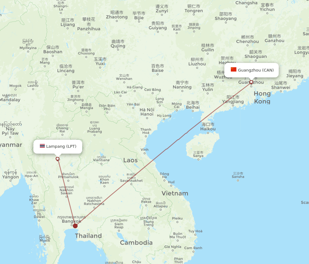Guangzhou - Lampang route map and flight paths