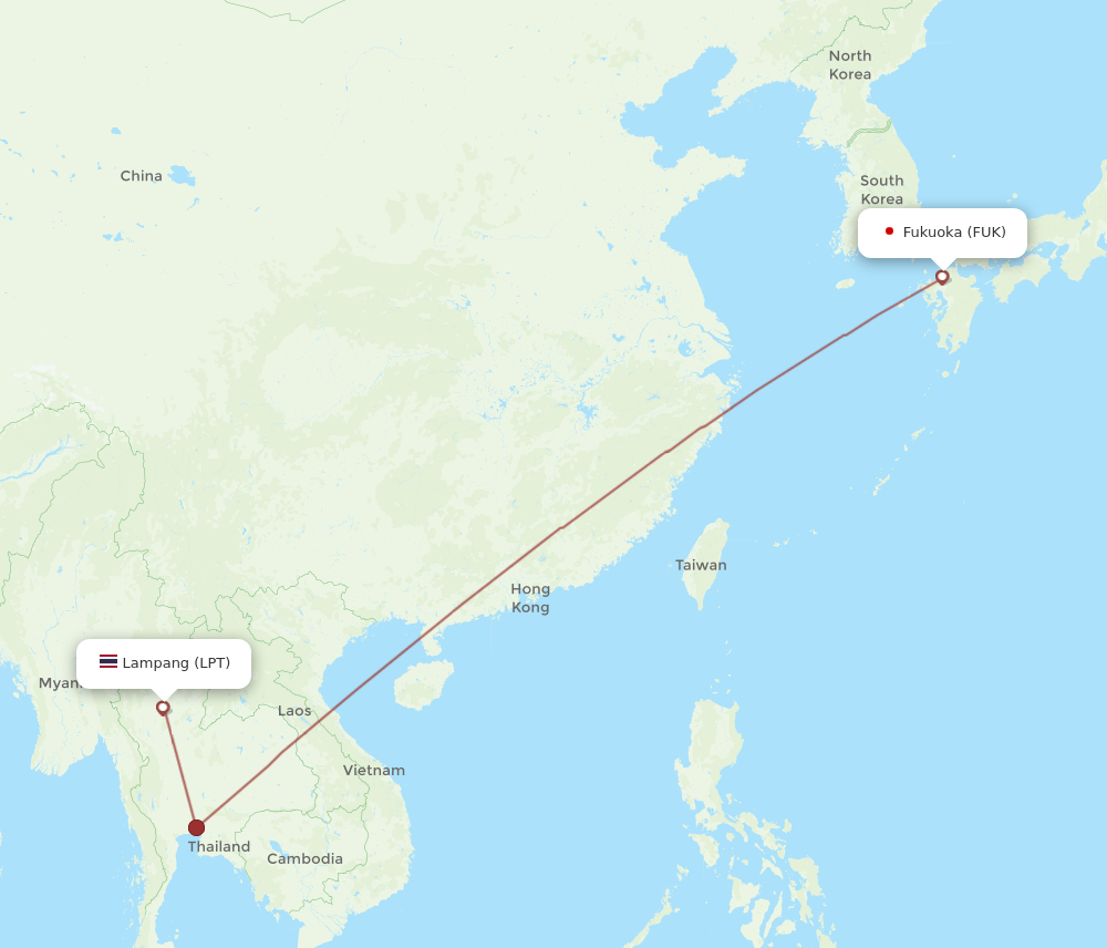 Fukuoka - Lampang route map and flight paths