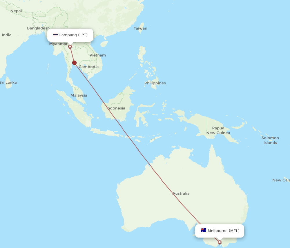 Lampang - Melbourne route map and flight paths