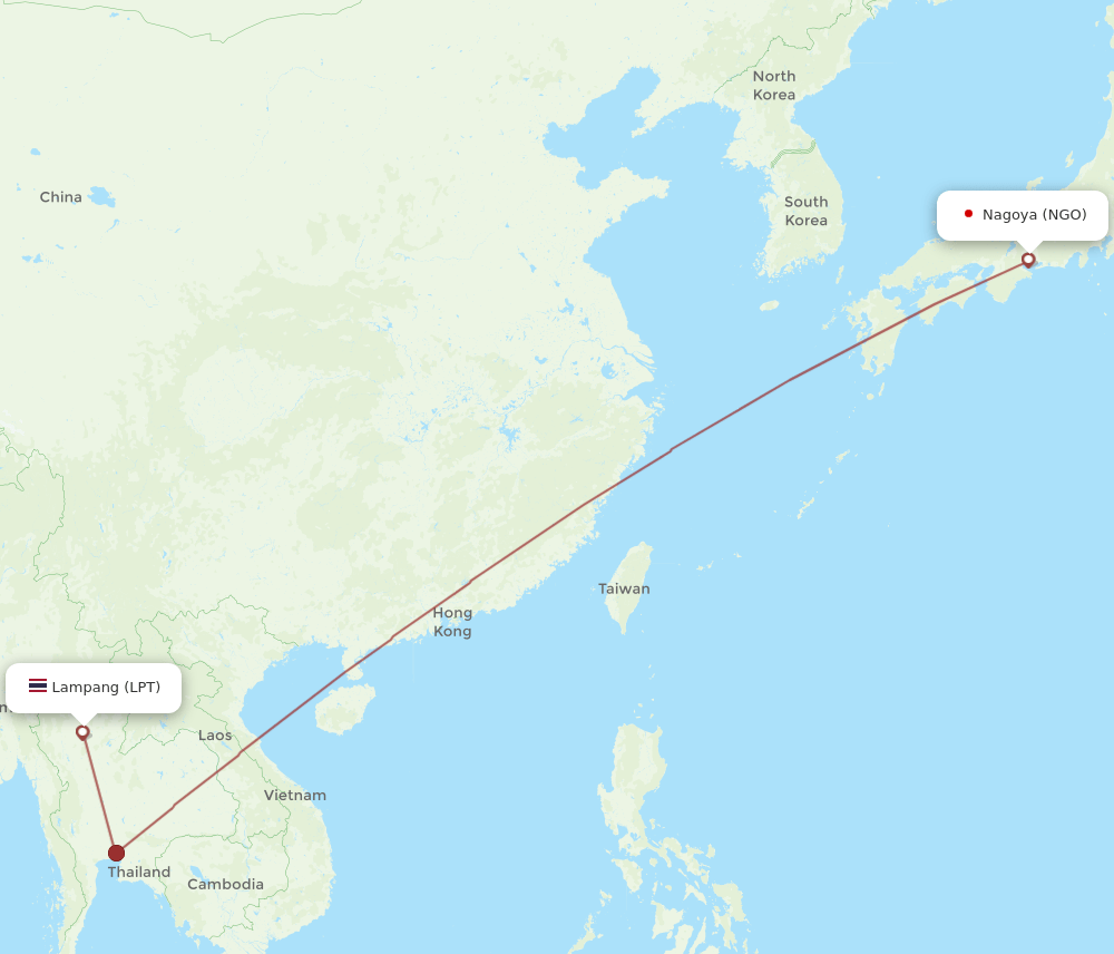Nagoya - Lampang route map and flight paths