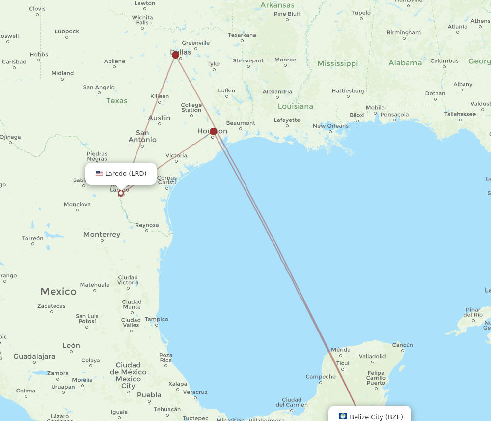 LRD to BZE flights and routes map