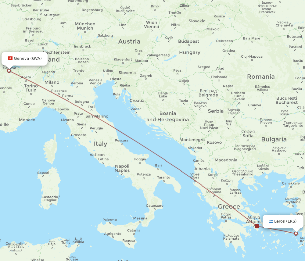 Geneva - Leros route map and flight paths