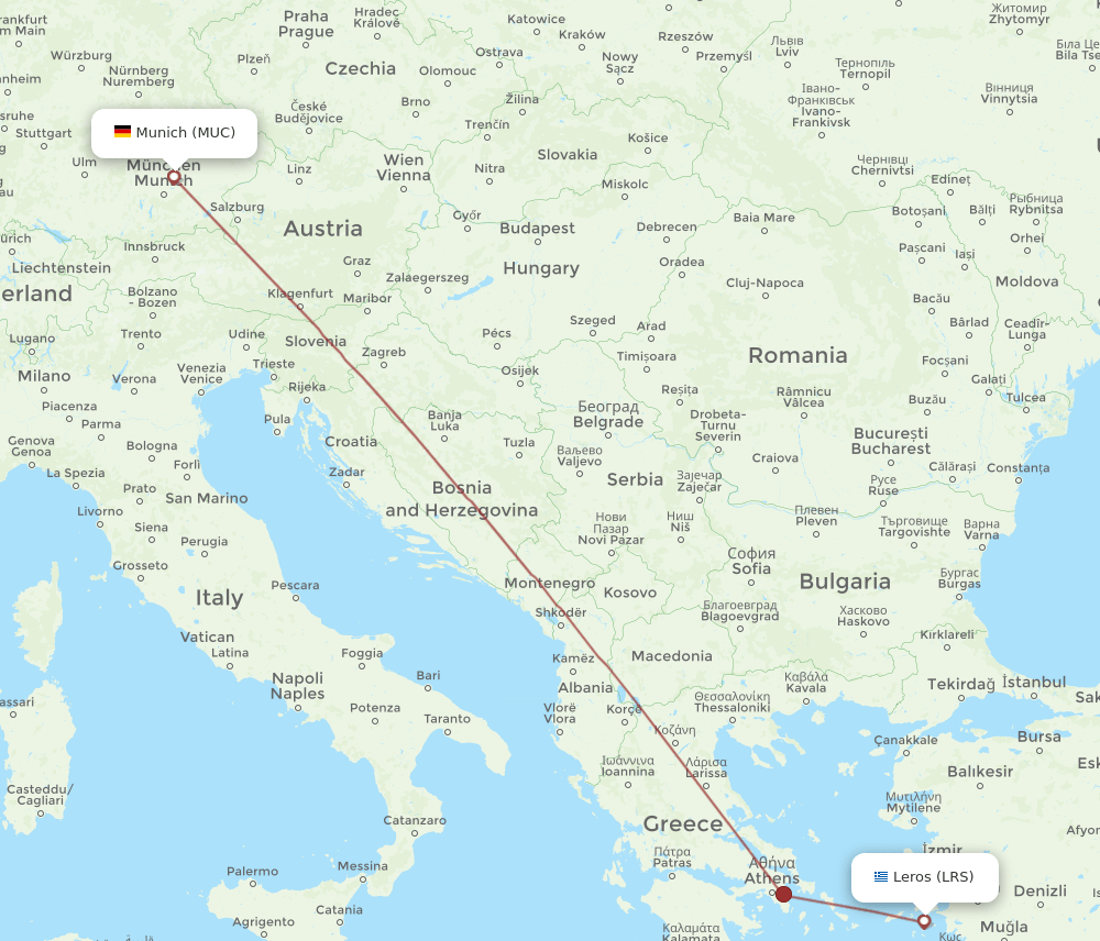 Munich - Leros route map and flight paths