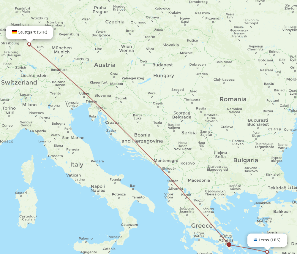 Stuttgart - Leros route map and flight paths