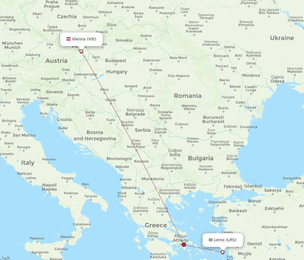 Vienna - Leros route map and flight paths