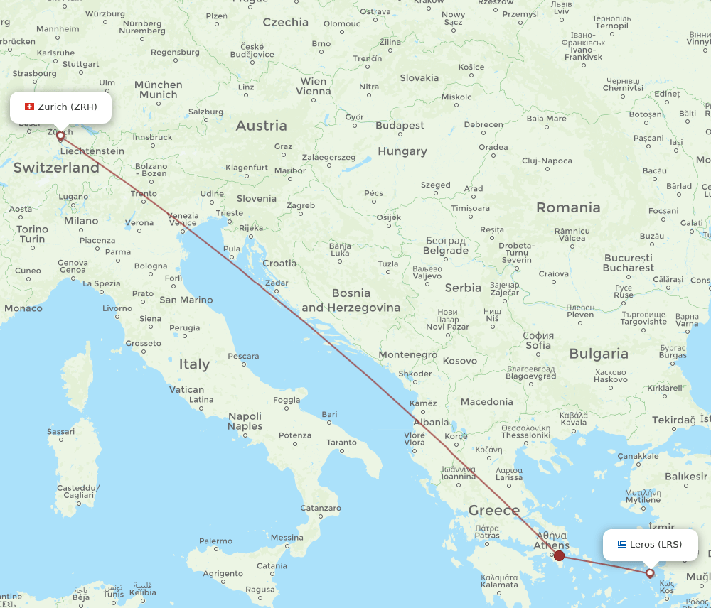 Zurich - Leros route map and flight paths