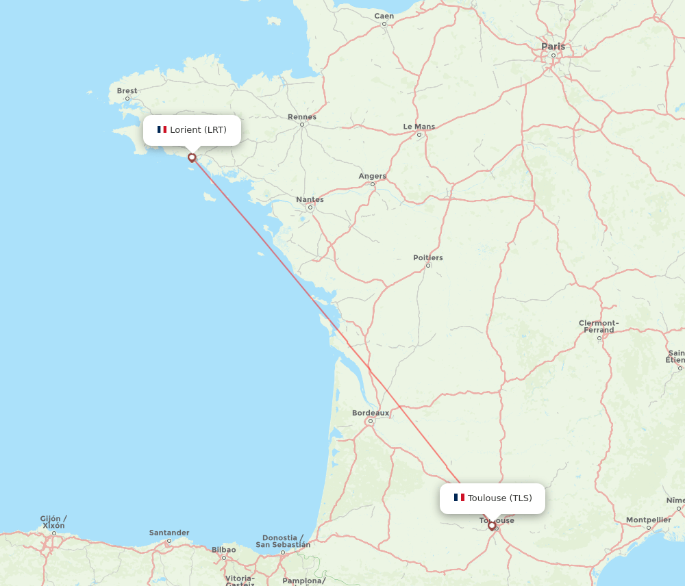 Lorient - Toulouse route map and flight paths