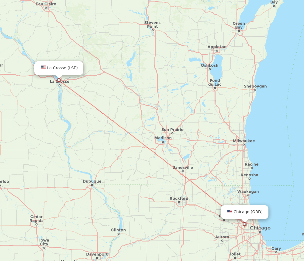 La Crosse - Chicago route map and flight paths