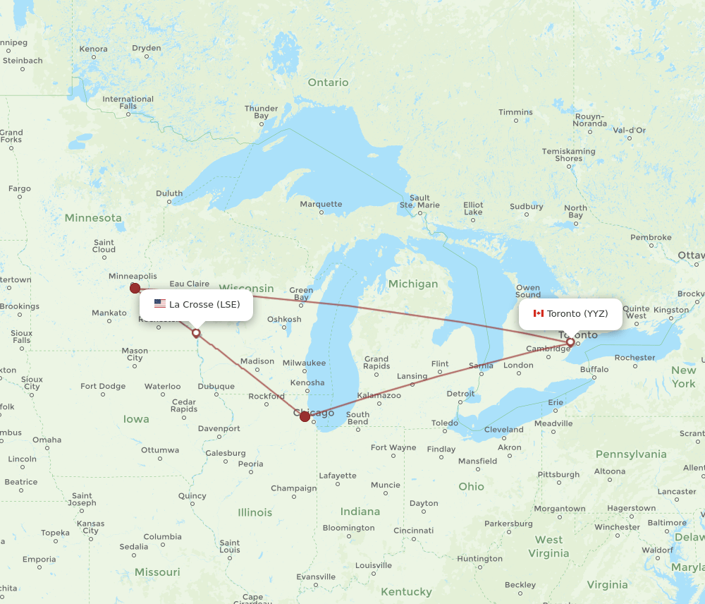 Toronto - La Crosse route map and flight paths