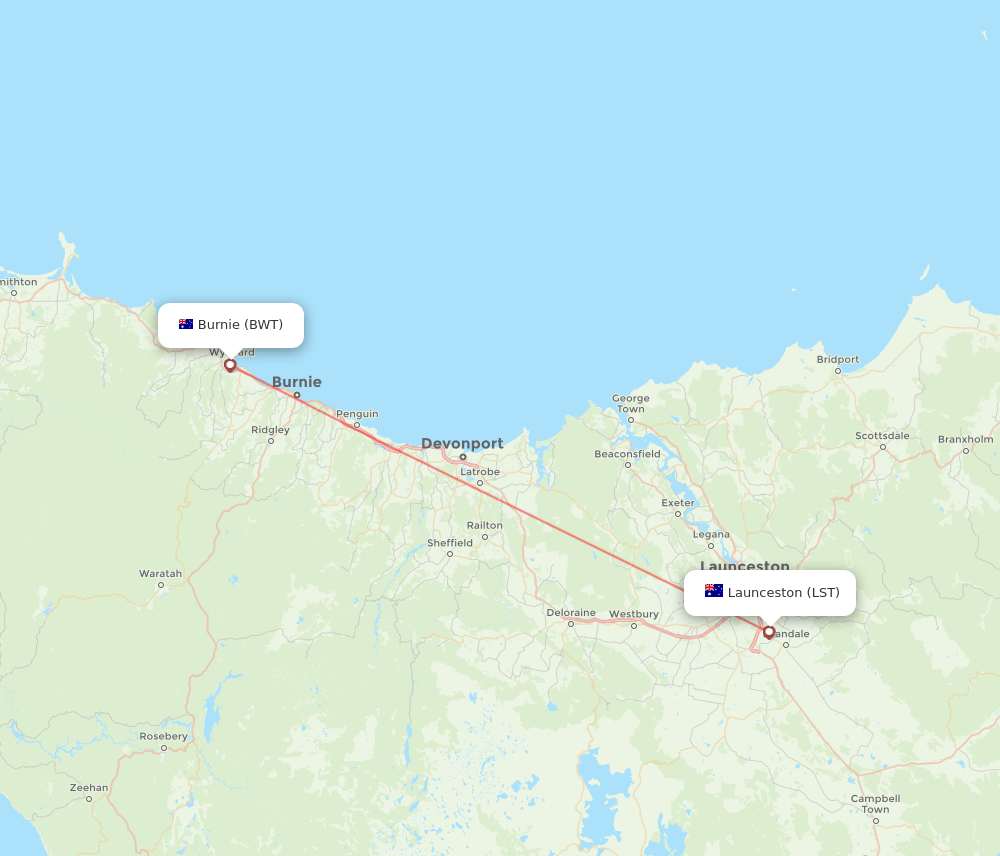 Launceston - Burnie route map and flight paths