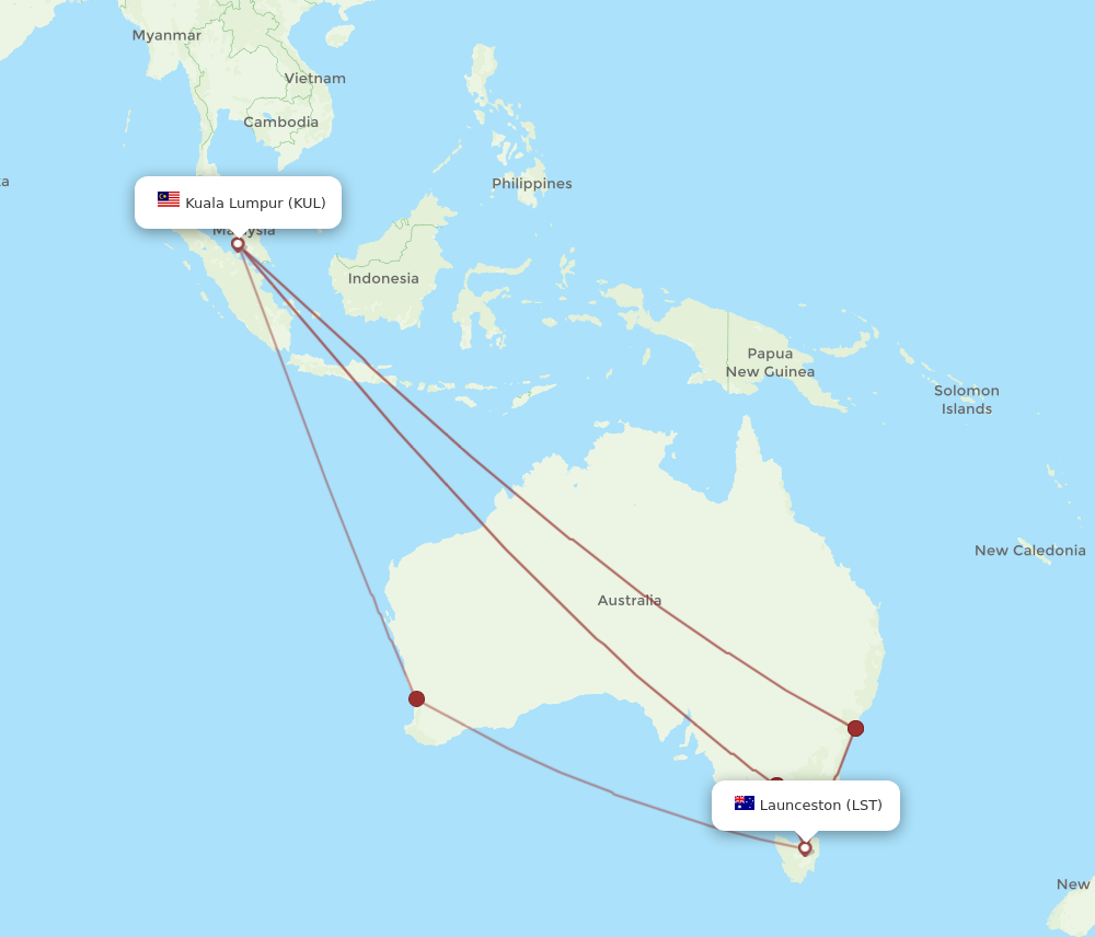 LST to KUL flights and routes map