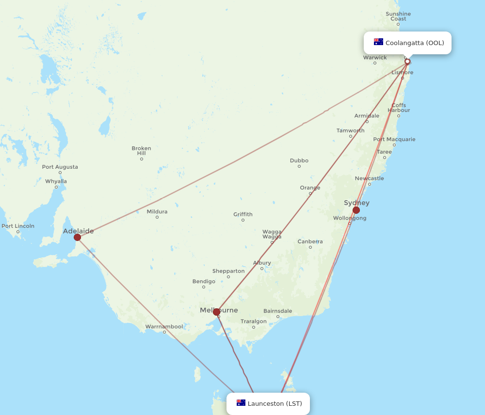 LST to OOL flights and routes map