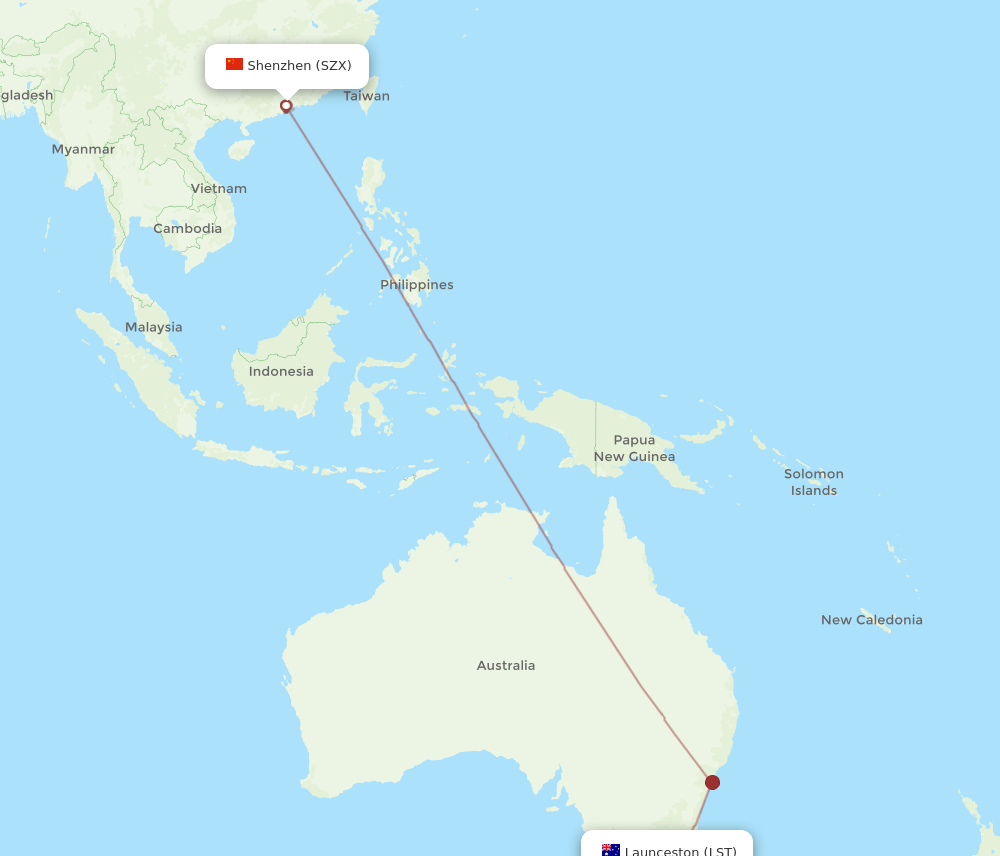Shenzhen - Launceston route map and flight paths