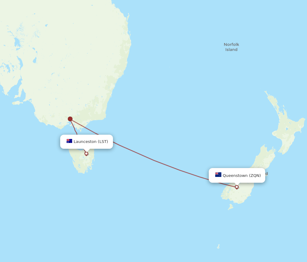 Queenstown - Launceston route map and flight paths