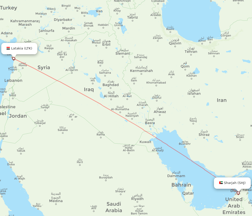 Latakia - Sharjah route map and flight paths