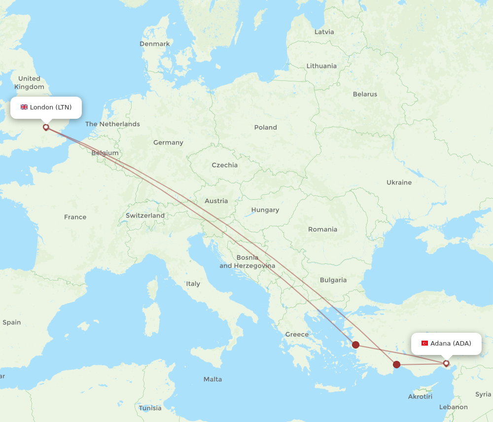 ADA to LTN flights and routes map