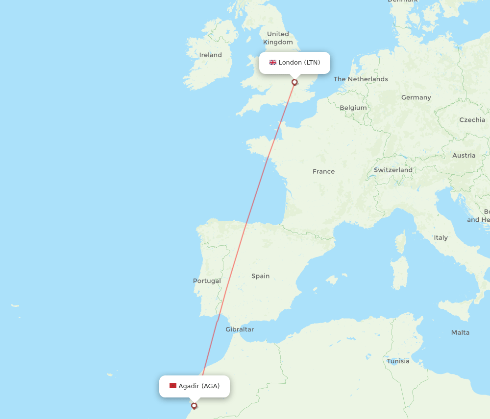 London - Agadir route map and flight paths