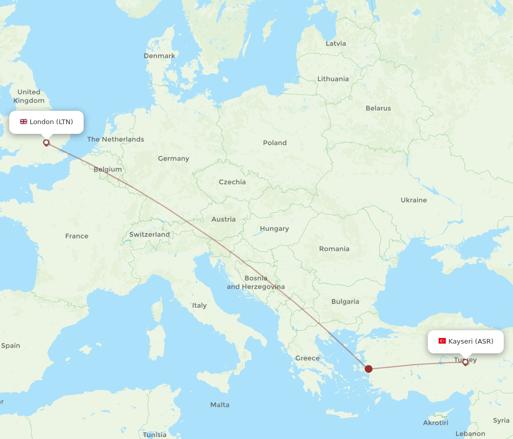Kayseri - London route map and flight paths