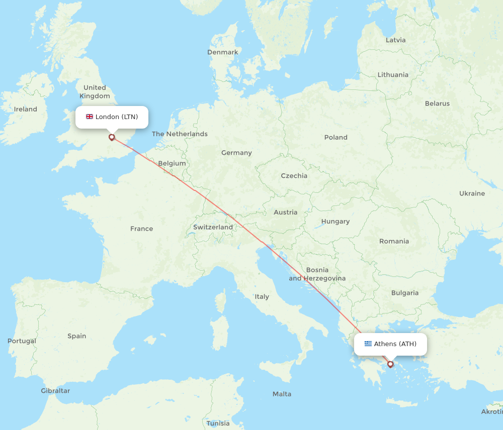 LTN to ATH flights and routes map