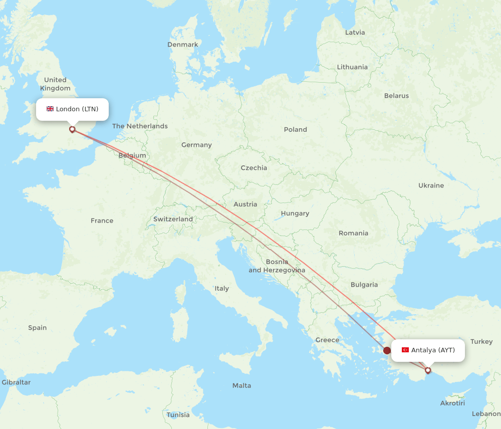 LTN to AYT flights and routes map