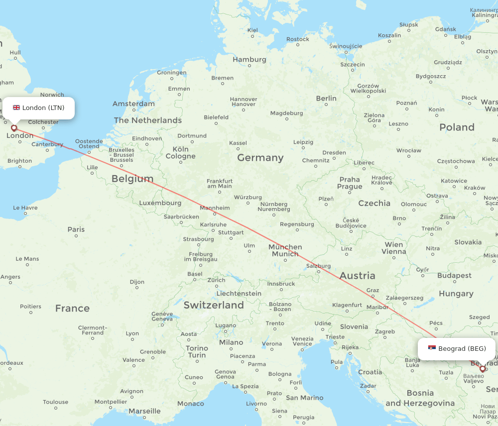 London - Belgrade route map and flight paths