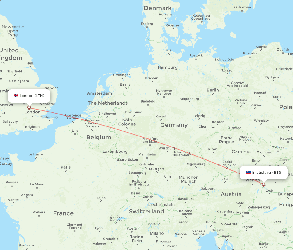 London - Bratislava route map and flight paths